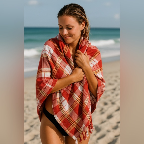 Turkish Spa, Beach, Bath Towel - Red Plaid Peshtemal - Picture 1 of 6